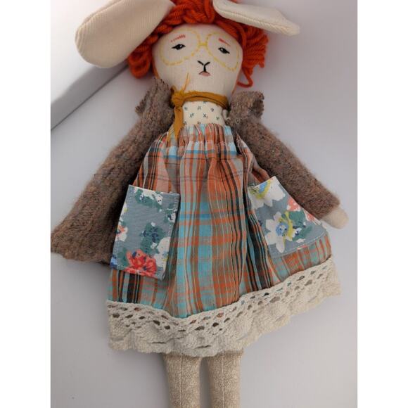 Handmade Bunny Ragdoll Modern Red Hair Glasses Rabbit Cloth Doll 16" Plaid Dress - Picture 9 of 10